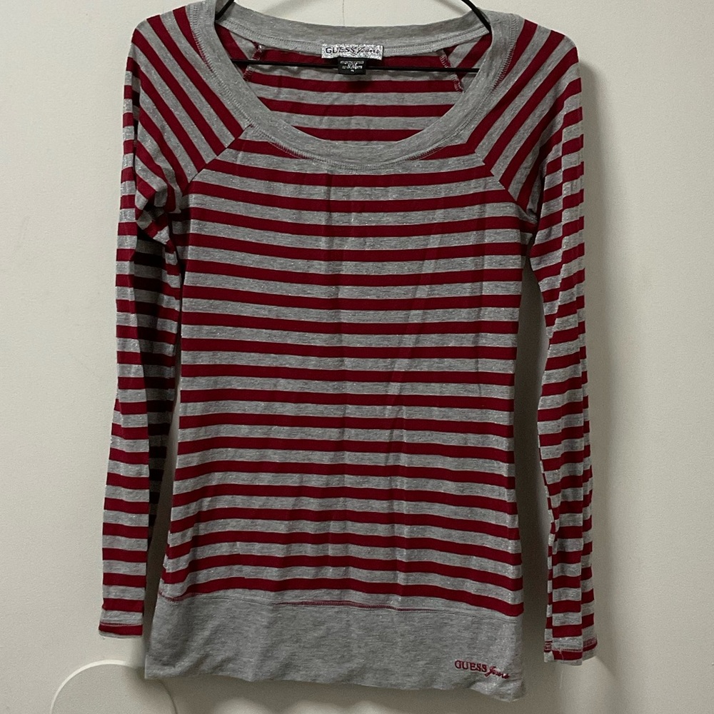 GUESS Silver Glitter Red & Grey Horizontal Striped Long Sleeve Top!